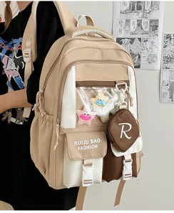 Large capacity canvas backpack with clear ita bag front pocket, casual school bag for daily use.