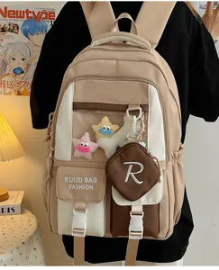 Casual contrast color backpack with transparent window and cute star pendants for daily use.