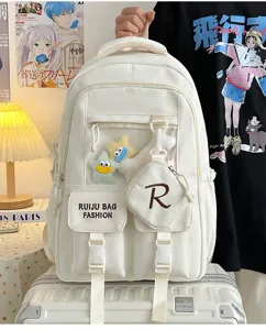 White casual canvas backpack with transparent pocket and plush star pendant for school daily use