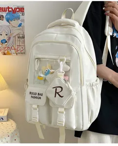 Large capacity white ita backpack with transparent front pocket, casual school bag for daily use.
