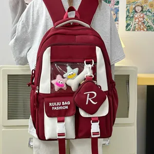 Red and white canvas backpack large capacity school bag casual cute daypack for daily use.