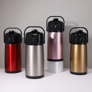 Detailed view of large-capacity stainless steel thermal airpot water carafes in multiple chic colors.