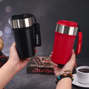 Portable stainless steel insulated coffee mug with strap, 304 thermal travel tumbler.