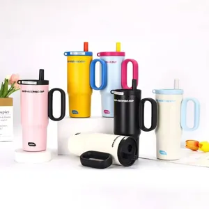 Large capacity stainless steel tumbler with handle and straw, insulated coffee travel mug.