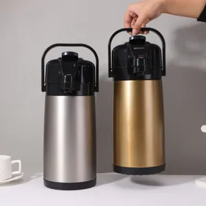 Large capacity portable pump action airpot thermos flask for home use, stainless steel finish.