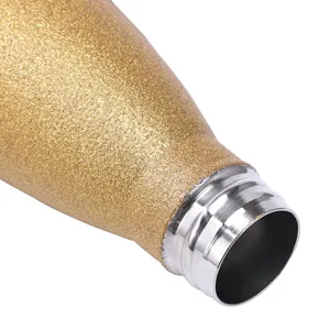 Stainless steel vacuum insulated cola bottle detail showing gold glitter finish and threaded mouth.