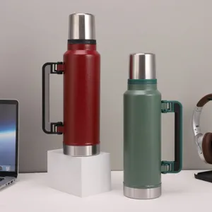 Portable vacuum insulated thermos flask with folding handle, large capacity travel water bottle.