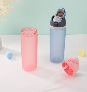 Large capacity plastic water bottle with straw, dual drinking design for outdoor sports.