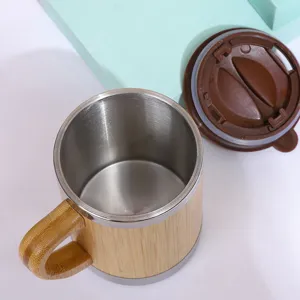 Stainless Steel Vacuum Insulated Thermos Mug Bamboo Shell Coffee Cup With Handle Portable Travel Water Bottle