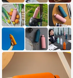 Outdoor sports stainless steel thermos bottles in various colors and scenarios.