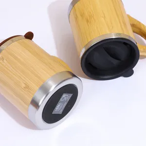 Stainless steel vacuum insulated coffee mug with natural bamboo outer shell and secure lid