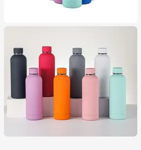 Detailed view of colorful insulated stainless steel water bottles in various matte shades