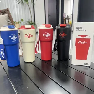 Portable 620ml stainless steel insulated coffee mug with lanyard, multi-color detail showcase