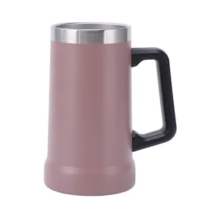 Stainless steel vacuum beer mug with handle, large insulated tumbler for drinks, pink cup.