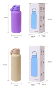 Edelstahl Vakuum isolierte Sport Trinkflasche mit Doppeltrinkdeckel und Tragegriff.