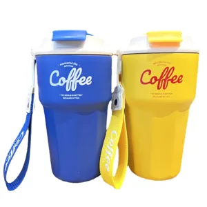 Portable stainless steel insulated coffee mug with handle strap, dual color travel tumbler.