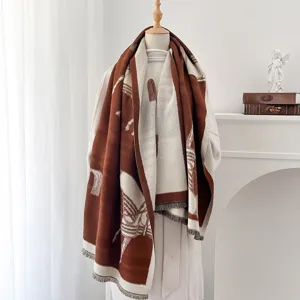 Bufanda De Invierno Gruesa De Cachemira De Imitación Para Mujer Chal Jacquard De Caballo Retro Con Borlas Pashmina Cálida De Doble Cara Para Otoño Invierno