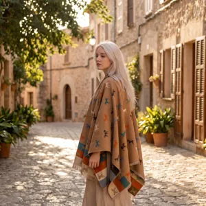 Detail van warme bruine poncho met paardenprint en franjezoom in een mooie straat