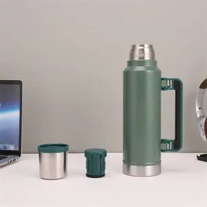 Portable insulated water bottle with handle, large capacity double walled travel flask.