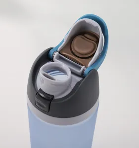 High-capacity plastic sports water bottle detail view, featuring dual drinking lid.
