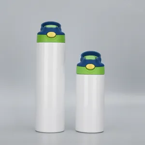 Detail view of stainless steel insulated water bottle with colorful lid and portable handle.
