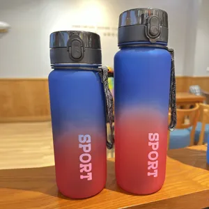 Detailed view of large capacity frosted gradient sport water bottles with secure lid and strap.