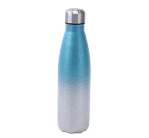 Stainless steel vacuum water bottle close up with blue silver gradient glitter finish.