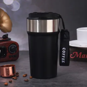 Detail view of the black portable stainless steel coffee travel mug with lanyard strap.