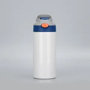 Stainless steel kids water bottle detail shot, portable straw tumbler with push button cap.