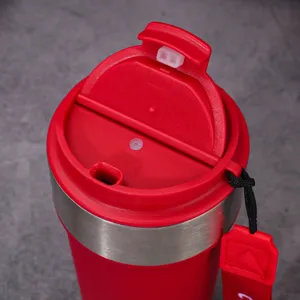 Red 304 stainless steel travel coffee mug lid detail showing secure flip-top drink lid.