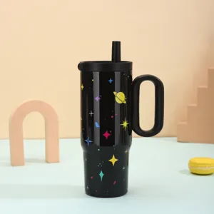 Large capacity stainless steel insulated tumbler with handle and straw, starry sky pattern.