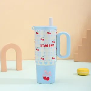 Large capacity stainless steel insulated tumbler with straw and handle cute cherry pattern cup