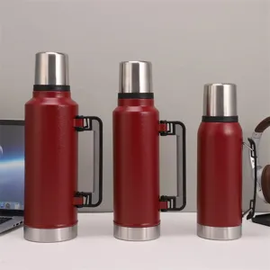 Portable vacuum insulated water bottle with handle large capacity travel thermos flask red