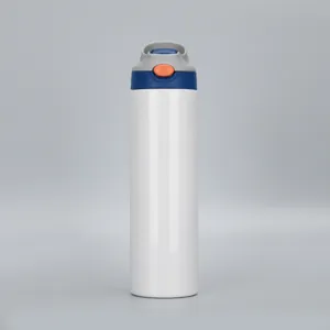 Detail shot of a white stainless steel insulated tumbler with blue lid and orange button.