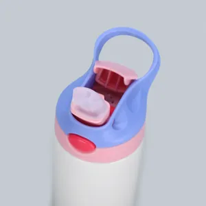 Detail view of children insulated water bottle lid, purple handle and pink pop-up straw spout.