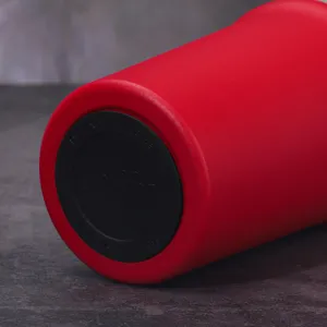 Red stainless steel coffee tumbler bottom detail view portable insulated travel mug 304