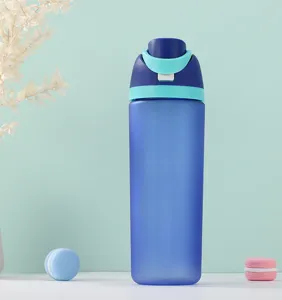 Detailed view of the blue frosted plastic sports water bottle with dual-drink straw lid.