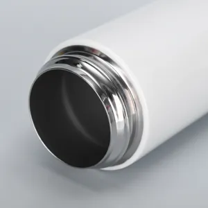 Stainless steel thermos bottle mouth detail closeup showing polished metal threading.