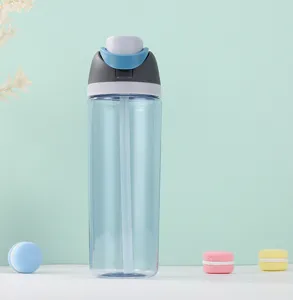 Clear blue plastic sports water bottle with straw large capacity outdoor portable cup