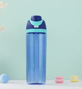 Detail view of the large capacity plastic sports water bottle with straw and colorful lid.