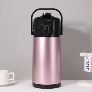 Large capacity air pump thermal flask, pink stainless steel vacuum jug for home and office use.