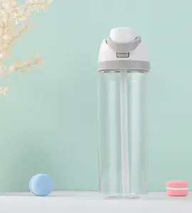 Detailed view of the clear plastic water bottle with straw and grey lid, clean closeup.