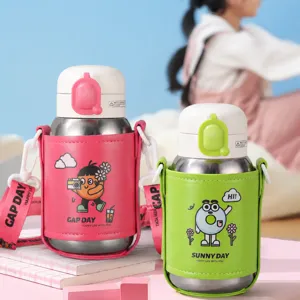 Kids Pure Titanium Vacuum Insulated Water Bottle Cute Cartoon Dual Drinking Thermos Cup With Portable Strap