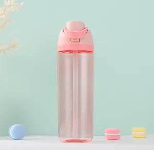 Pink plastic water bottle with straw and flip lid for outdoor sports and daily hydration use.