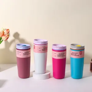 Stainless steel insulated coffee tumbler, leak-proof travel mug in four vibrant colors.