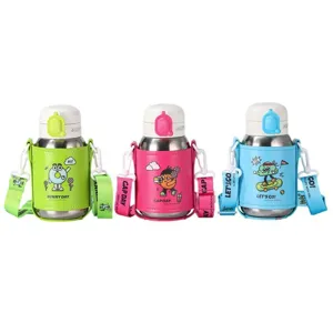 Kids titanium water bottle with leather sleeve strap cute cartoon thermos cup daily portable