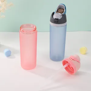 Large Capacity Plastic Sports Water Bottle with Double Drinking Straw Portable Outdoor Kettle