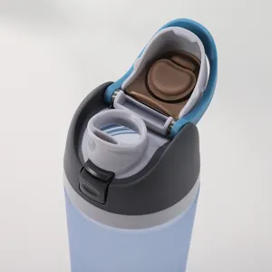 Portable sports water bottle cap close-up, large capacity plastic cup lid with secure lock.