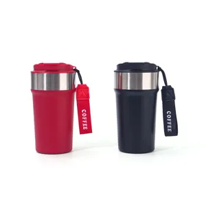 Stainless steel portable coffee cup with strap, vacuum insulated travel mug for outdoor use.