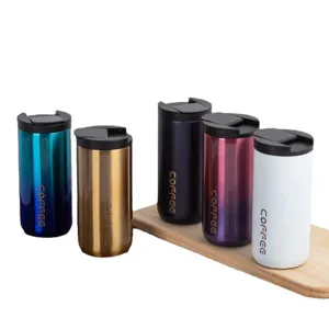Stainless steel travel coffee mug with lid, multi-color gradient portable insulated cup.